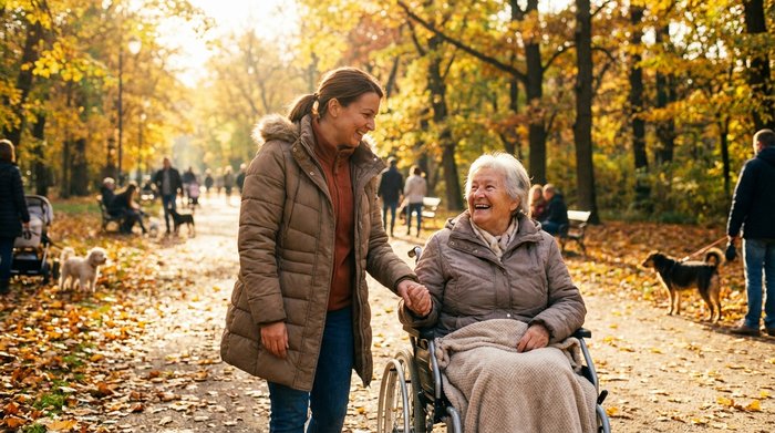 Eine fürsorgliche Pflegekraft lacht gemeinsam mit einer Seniorin im Rollstuhl bei einem entspannten Spaziergang durch einen sonnendurchfluteten, herbstlichen Park.