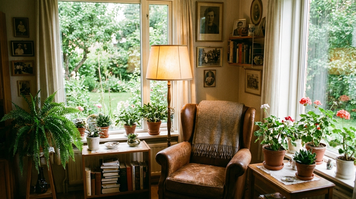 Ein liebevoll eingerichtetes Zimmer in einer Seniorenresidenz mit einem bequemen Ohrensessel, einer warmen Stehlampe, Topfpflanzen und einem großen Fenster mit Blick auf einen grünen Garten.
