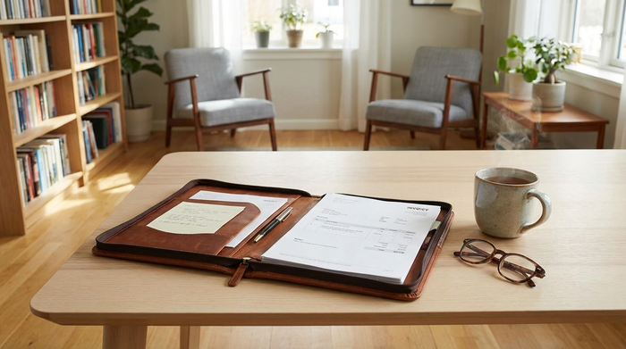 Eine aufgeschlagene, ordentliche Mappe mit Dokumenten liegt auf einem hellen Holztisch, daneben stehen eine Tasse dampfender Tee und eine Lesebrille in einem ruhigen Wohnzimmer.