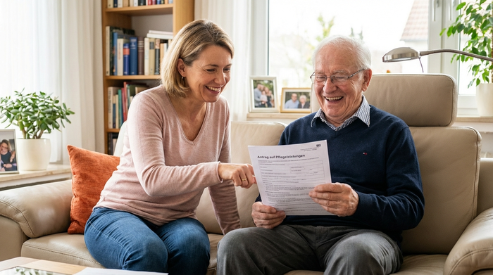 Eine erwachsene Tochter sitzt gemeinsam mit ihrem älteren Vater auf dem heimischen Sofa und bespricht entspannt ein Antragsformular, beide lächeln zuversichtlich.