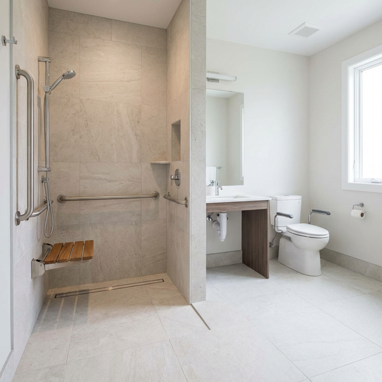 Ein modernes, barrierefreies Badezimmer mit einer großzügigen, ebenerdigen Dusche, hellen Fliesen, einem Duschsitz und stabilen Haltegriffen an den Wänden.