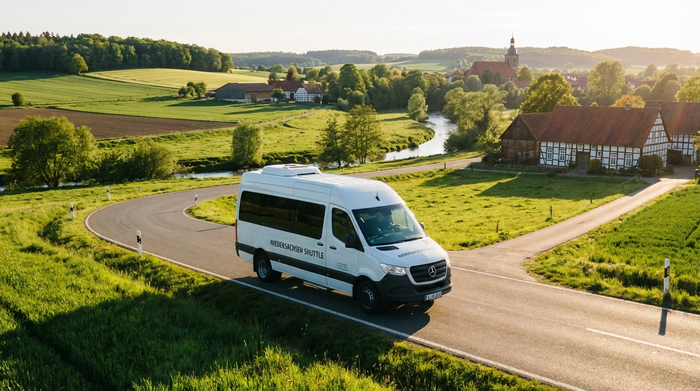 Ein moderner weißer Kleinbus fährt auf einer malerischen Landstraße durch eine grüne niedersächsische Landschaft in der Nähe von Hildesheim bei strahlendem Sonnenschein.