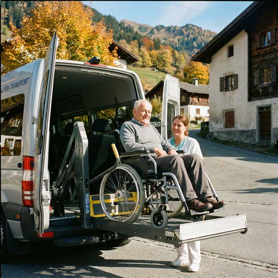 Eine hydraulische Hebebühne am Heck eines Transportbusses, auf der ein älterer Herr im manuellen Rollstuhl sicher und entspannt sitzt, während ein Betreuer stützt.