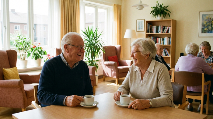 Zwei ältere Menschen sitzen entspannt an einem Tisch bei einer Tasse Kaffee in einem hellen, gemütlichen Aufenthaltsraum einer Tagespflege und unterhalten sich fröhlich.