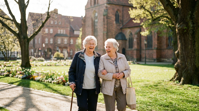 Zwei fröhliche Seniorinnen spazieren bei Sonnenschein durch eine gepflegte Parkanlage in Hildesheim. Im Hintergrund sind unscharf historische Backsteingebäude zu erahnen. Klare, realistische Szene, entspannte Stimmung.