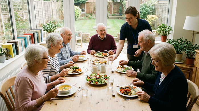 Eine Gruppe von Senioren sitzt an einem großen, hellen Tisch und isst gemeinsam zu Mittag. Frisches Essen auf den Tellern, fröhliche Gesichter, eine Pflegekraft reicht diskret ein Glas Wasser. Realistisches, gemütliches Setting ohne Text.