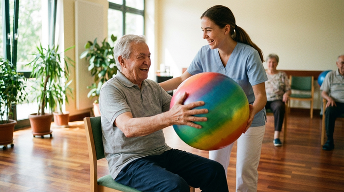 Ein älterer Mann mit grauem Haar macht leichte Sitzgymnastik mit einem bunten Ball. Eine junge Therapeutin leitet ihn lächelnd an. Heller Raum mit Holzfußboden, realistische und motivierende Atmosphäre.