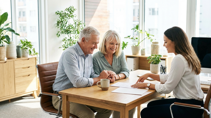 Ein älteres Ehepaar sitzt gemeinsam mit einer freundlichen Beraterin an einem Schreibtisch und bespricht entspannt Unterlagen. Eine Kaffeetasse steht auf dem Tisch. Professionelle, vertrauenserweckende und helle Umgebung ohne sichtbaren Text auf den Dokumenten.