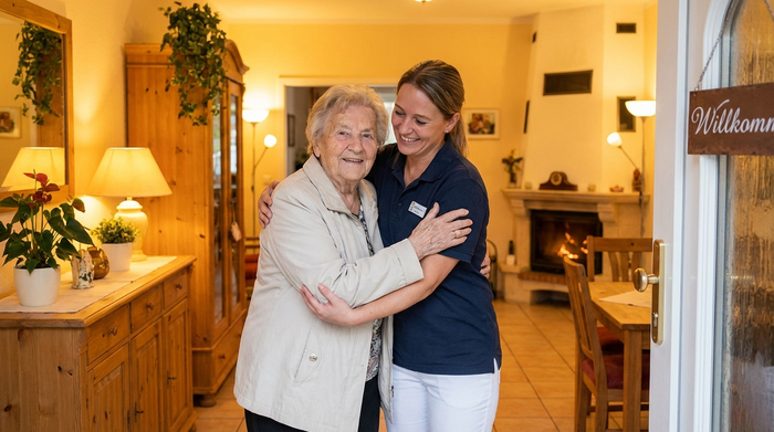 Eine ältere Dame wird an der Tür einer gemütlichen Einrichtung herzlich von einer Pflegekraft begrüßt. Die Dame lächelt entspannt und trägt eine leichte Jacke. Warme Beleuchtung, einladendes Entree.
