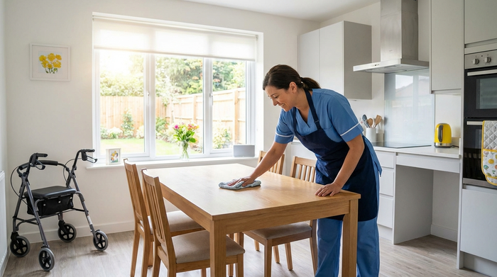 Eine professionelle Haushaltshilfe in sauberer Berufskleidung wischt lächelnd den Küchentisch in einer modernen Seniorenwohnung. Helles Sonnenlicht fällt durch das Fenster.