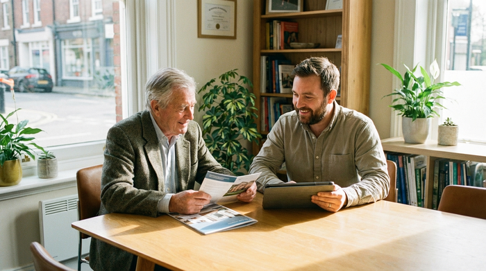 Ein älterer Herr sitzt gemeinsam mit einem freundlichen Berater an einem Tisch und schaut sich aufmerksam Informationsmaterial an. Beide wirken entspannt und vertieft in das Gespräch.