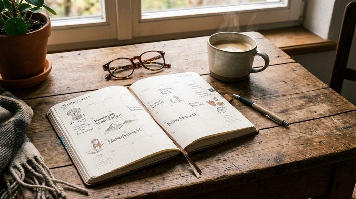 Ein schöner, aufgeschlagener Kalender liegt auf einem rustikalen Holztisch, daneben eine Lesebrille und eine dampfende Tasse Kaffee. Die Atmosphäre ist ruhig und organisiert.