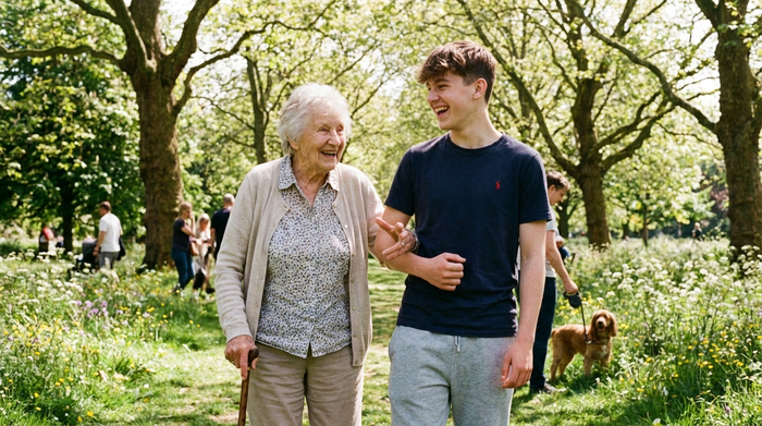 Eine ältere Dame und ein junger Alltagsbegleiter spazieren fröhlich an einem sonnigen Tag durch einen grünen Park. Sie unterhalten sich angeregt.