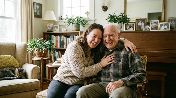Eine erwachsene Tochter umarmt ihren älteren Vater im Wohnzimmer. Beide lachen herzlich und wirken sehr glücklich und vollkommen entspannt.