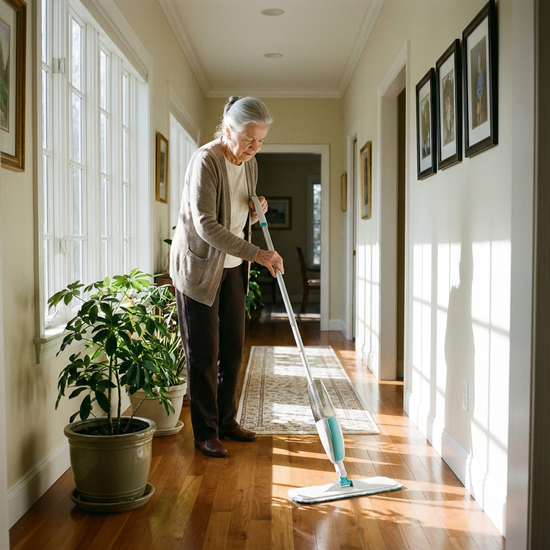 Eine ordentliche, ältere Frau wischt mit einem modernen Mopp den Holzboden in einem sonnendurchfluteten, aufgeräumten Flur. Realistische, saubere Umgebung.