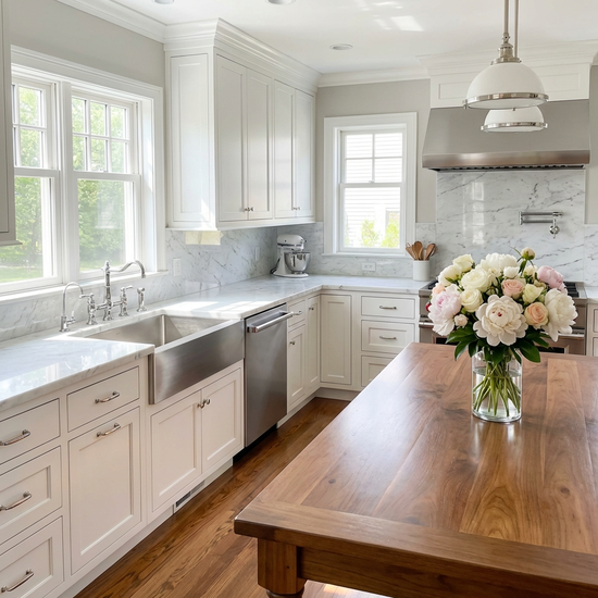 Ein sauberer, glänzender Küchenbereich mit geputzten Arbeitsflächen und einem strahlenden Waschbecken, frische Blumen stehen auf dem Esstisch.