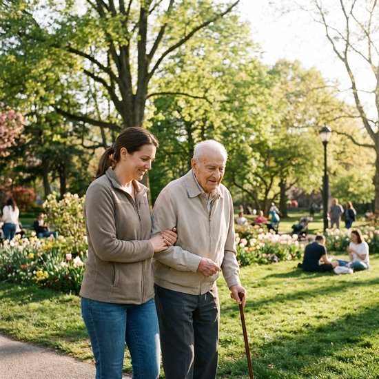 Eine geduldige Alltagsbegleiterin stützt einen älteren Herrn beim gemeinsamen Spaziergang durch einen grünen Park an einem sonnigen Tag.
