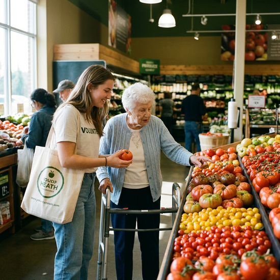 Eine junge Helferin und eine Seniorin stehen gemeinsam im Supermarkt vor dem Gemüseregal und wählen frische Tomaten aus.