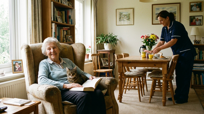Eine ältere Dame sitzt entspannt im gemütlichen Sessel, während im Hintergrund eine Betreuungskraft liebevoll den Esstisch deckt. Ruhige, sorgenfreie Stimmung.