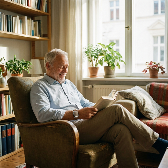 Ein moderner, unauffälliger Hausnotruf-Knopf am Handgelenk eines Senioren, der entspannt ein Buch liest. Helle, gemütliche Raumatmosphäre.