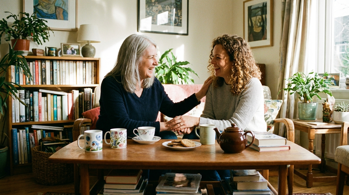 Zwei Frauen sitzen bei einer Tasse Tee zusammen am Wohnzimmertisch und unterhalten sich angeregt und freundlich. Vertrauensvolle Atmosphäre.