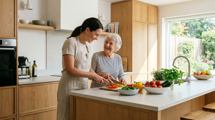 Eine aufmerksame Betreuerin hilft einer älteren Dame beim Schneiden von frischem Gemüse in einer sauberen, gut beleuchteten modernen Küche. Beide lächeln, entspannte und helfende Situation.