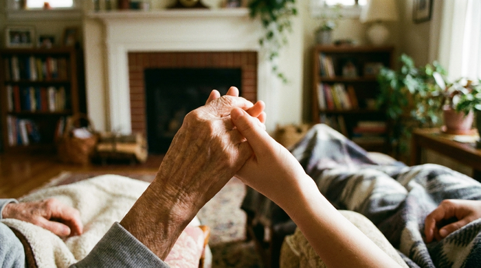 Zwei Hände, eine jüngere und eine ältere, halten sich vertrauensvoll. Im Hintergrund sieht man unscharf ein gemütliches Wohnzimmer. Fokus auf Sicherheit, Geborgenheit und menschliche Nähe.