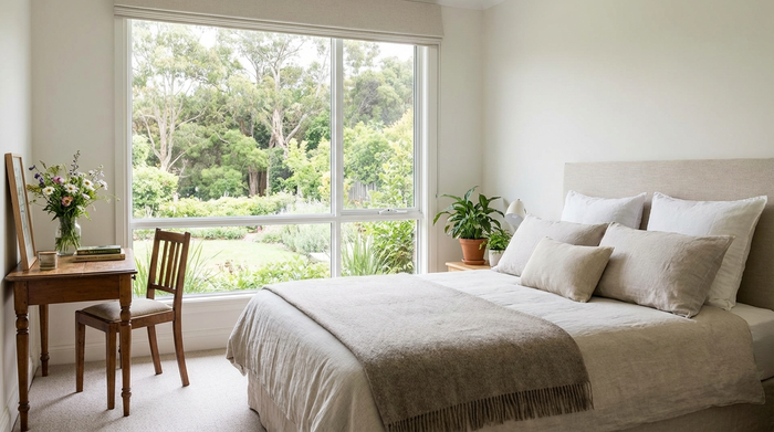 Ein helles, freundlich eingerichtetes Gästezimmer mit einem bequemen Bett, einem kleinen Schreibtisch, frischen Blumen und einem großen Fenster mit Blick ins Grüne. Einladend, sauber und komfortabel.