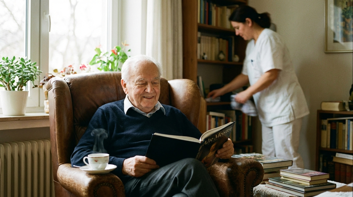 Ein älterer Herr sitzt entspannt in einem bequemen Sessel und liest ein Buch. Im Hintergrund ist eine Pflegekraft dezent beim Aufräumen zu sehen. Ruhige, sorgenfreie und harmonische Stimmung.