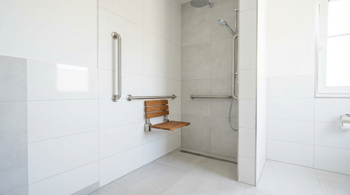 Eine moderne, barrierefreie und bodengleiche Dusche in einem hell gefliesten Badezimmer. Ein sicherer Duschsitz und stabile Haltegriffe sind an der Wand montiert. Sauber, praktisch und sicher.