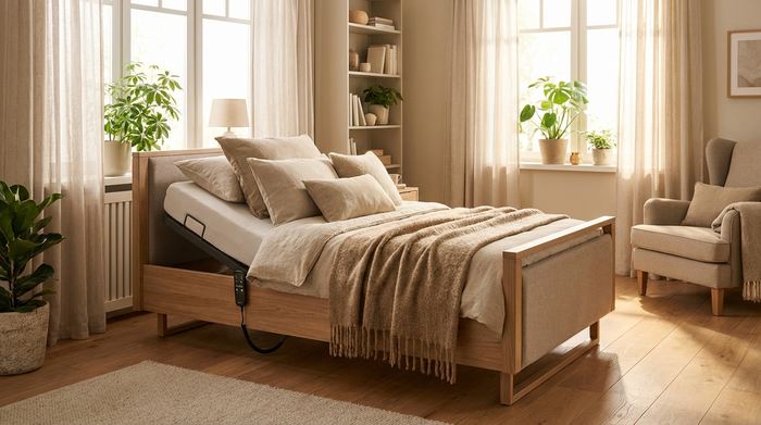Ein modernes, elektrisch verstellbares Pflegebett in einem gemütlichen, hellen Schlafzimmer zu Hause, ordentlich gemacht mit hellen Kissen und einer warmen Decke.