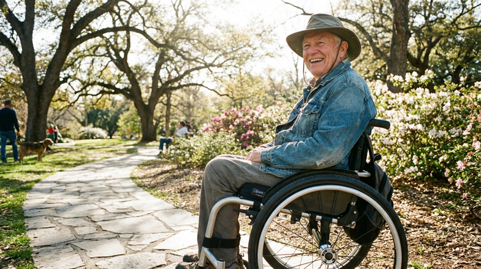 Ein rüstiger Senior sitzt in einem leichten, modernen Rollstuhl in einem sonnigen Park und lächelt entspannt. Im Hintergrund grüne Bäume und ein gepflasterter Weg.