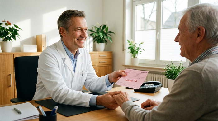 Ein freundlicher Arzt im weißen Kittel sitzt am Schreibtisch und überreicht einem älteren Patienten ein rosa Rezept. Helle, saubere Praxisumgebung, vertrauensvolle Stimmung.