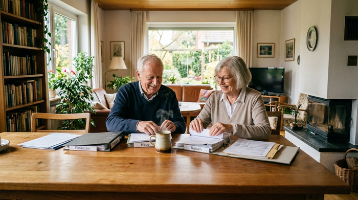 Ein älteres Ehepaar sitzt gemeinsam am Holztisch im Wohnzimmer und sortiert ordentlich Dokumente in verschiedene Mappen. Eine Tasse Kaffee steht daneben.