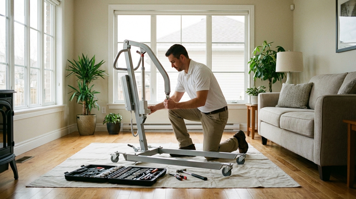 Ein Servicetechniker in sauberer Arbeitskleidung baut in einem hellen Wohnzimmer sorgfältig einen Patientenlifter auf. Konzentrierte, professionelle Arbeit ohne sichtbare Logos.