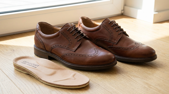 Eine Nahaufnahme von bequemen, eleganten Senioren-Schnürschuhen auf einem hellen Holzboden. Neben den Schuhen liegt eine hochwertige, maßgefertigte orthopädische Einlage aus weichem Leder und dämpfendem Schaumstoff.