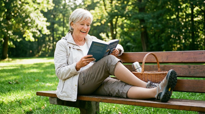Eine aktive Seniorin sitzt entspannt auf einer Parkbank im Grünen und trägt unauffällige, perfekt sitzende Kompressionsstrümpfe. Sie liest ein Buch und genießt den sonnigen Nachmittag.