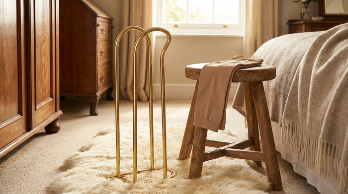 Eine praktische Anziehhilfe für Strümpfe aus glänzendem Metall steht auf einem flauschigen Teppich in einem gemütlichen Schlafzimmer. Daneben liegt ein ordentlich gefalteter Kompressionsstrumpf bereit für den Morgen.