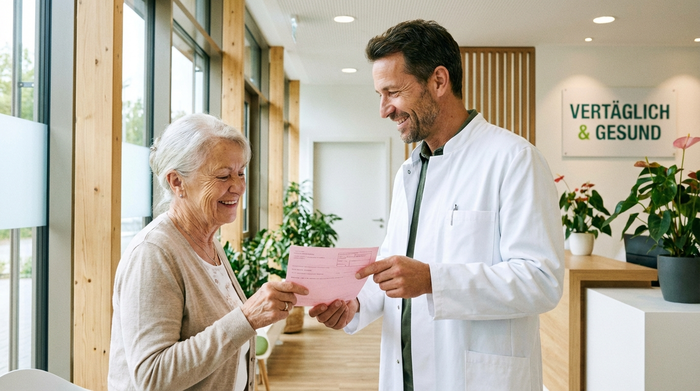 Ein freundlicher Arzt in weißem Kittel überreicht einer älteren Patientin in einer hellen, modernen Praxis ein rosafarbenes Papier. Beide lächeln, die Atmosphäre ist vertrauensvoll und beruhigend.