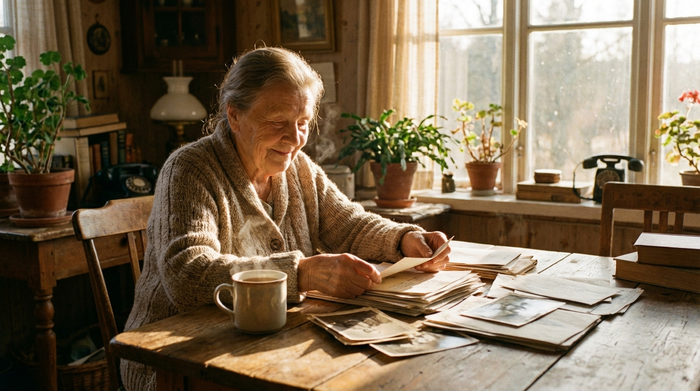 Eine ältere Dame sitzt an einem Holztisch und sortiert entspannt einige Papiere. Eine Tasse Tee steht daneben. Das warme Sonnenlicht fällt durch das Fenster und schafft eine gemütliche Stimmung.