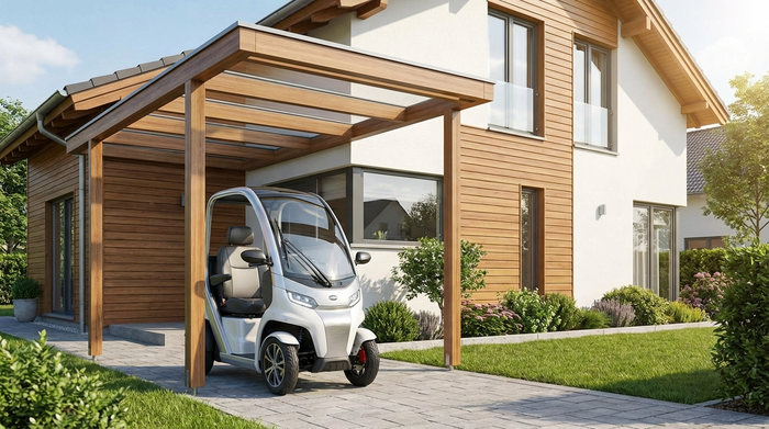 Ein eleganter, moderner Elektromobil-Scooter steht sicher unter einem kleinen Vordach vor einem gepflegten Einfamilienhaus. Die Umgebung ist ordentlich, sonnig und einladend.