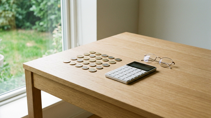 Ein sauberer Schreibtisch aus hellem Holz, darauf liegen ordentlich arrangierte Euro-Münzen, ein moderner Taschenrechner und eine elegante Lesebrille. Sanftes, natürliches Licht fällt durch ein Fenster, eine ruhige und aufgeräumte Szene ohne sichtbaren Text.