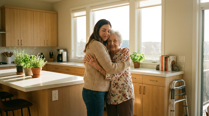 Eine erwachsene Tochter umarmt ihre ältere Mutter liebevoll in einer hellen, modernen Küche. Beide lächeln glücklich. Die Szene strahlt familiäre Geborgenheit und häusliche Unterstützung aus, weiches Sonnenlicht erhellt den Raum.
