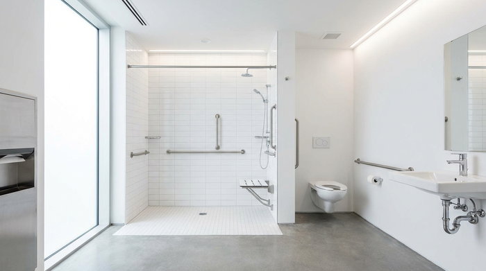 Ein modernes, helles und komplett barrierefreies Badezimmer mit einer großzügigen, ebenerdigen Dusche. An den weißen Kacheln sind unauffällige, sichere Haltegriffe aus Edelstahl angebracht. Der Raum wirkt extrem sauber, aufgeräumt und gut beleuchtet.