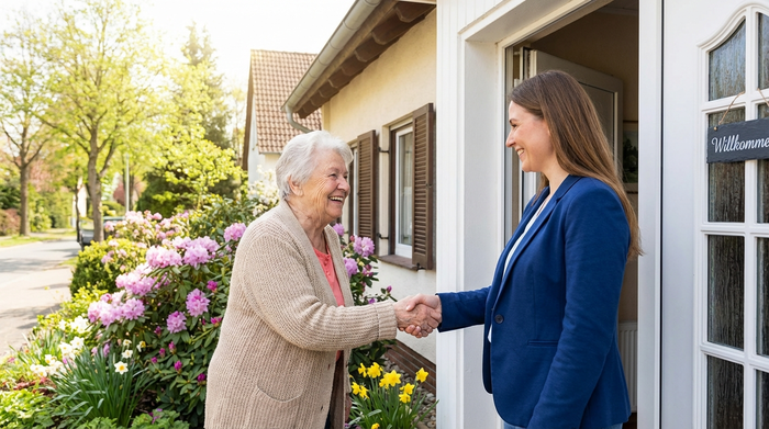 Eine ältere Dame begrüßt eine freundliche Pflegeberaterin mit einem herzlichen Handschlag an der geöffneten Haustür eines gepflegten Einfamilienhauses in einer ruhigen Nachbarschaft. Frühlingshaftes Wetter, grüne Pflanzen im Hintergrund, positive und einladende Stimmung.