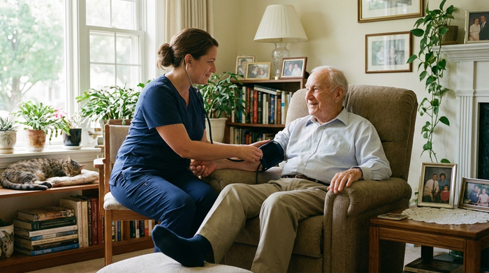 Eine einfühlsame Pflegekraft misst den Blutdruck eines älteren Herrn, der entspannt in einem komfortablen Sessel in seinem Wohnzimmer sitzt. Helle, saubere Umgebung, vertrauensvolle Atmosphäre.