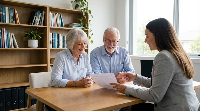 Ein älteres Ehepaar sitzt am Schreibtisch und bespricht gemeinsam mit einer freundlichen Beraterin wichtige Dokumente. Professionelle Atmosphäre, aufgeräumtes Zimmer mit einem Bücherregal im Hintergrund.