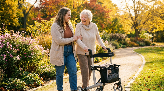 Eine junge Pflegerin und eine Seniorin lachen gemeinsam bei einem Spaziergang im sonnigen Park. Die Seniorin stützt sich leicht auf einen modernen Rollator. Schöne Natur, warme Farben.