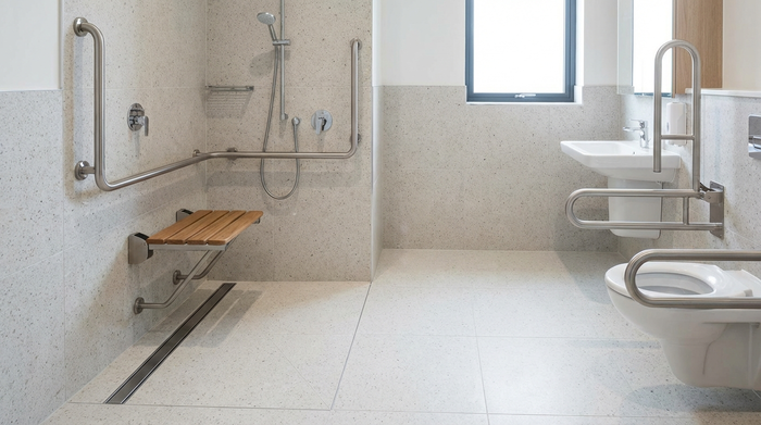 Ein modernes, barrierefreies Badezimmer mit einer bodengleichen Dusche, stabilen Haltegriffen und einem bequemen Duschsitz. Helle Fliesen, sauberes und sicheres Design ohne sichtbare Texte.