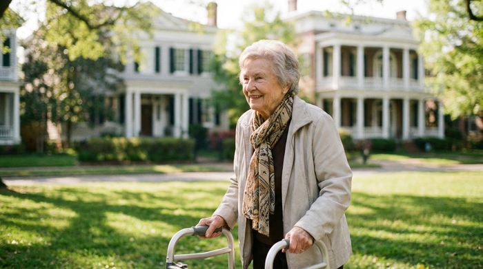Eine ältere Dame spaziert an einem sonnigen Tag mit ihrem Rollator durch einen grünen Park in einer gepflegten Wohngegend. Im Hintergrund sind unscharf stilvolle Häuser zu sehen. Ruhige, friedliche Stimmung, realistisch.
